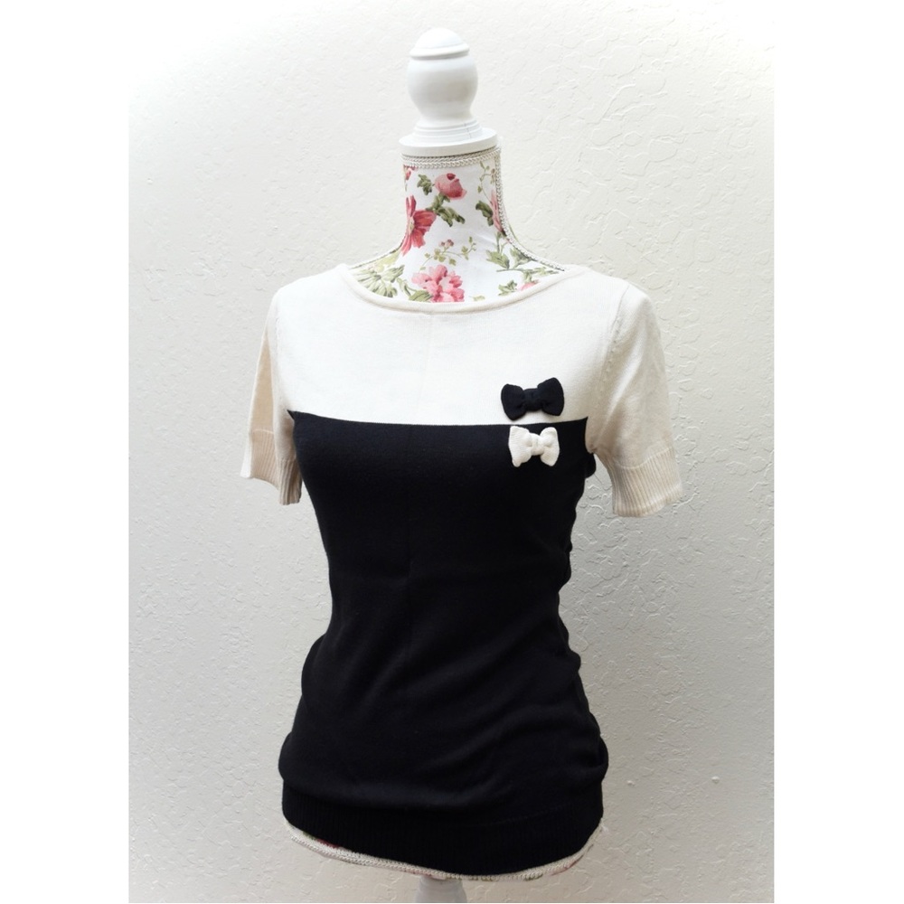 Myrtlewood of California Retro Bow Color Block Knit Sweater Boat Neck Top